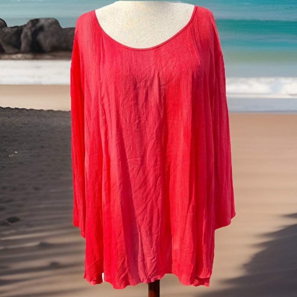 Modesce Women Tunic Top 2X Coral Red Hand Painted Crinkle Art to Wear Lagenlook